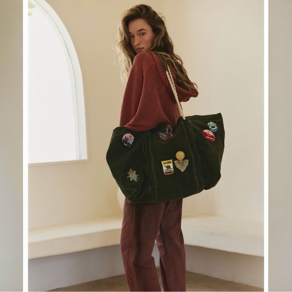 Free People Green Tote Bag with Patches NWT